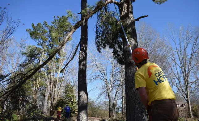 Clint Oldfield, a volunteer with Eight Days of Hope, cuts down a tree limb on Friday, Feb. 6, 2026 in Oxford, Ms. (AP Photo/Sophie Bates)