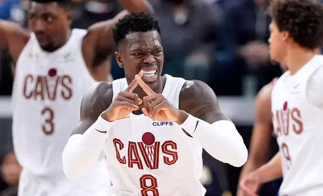 Cleveland Cavaliers' Dennis Schroder gestures after scoring during the first half of an NBA basketball game against the Los Angeles Clippers, Wednesday, Feb. 4, 2026, in Inglewood, Calif. (AP Photo/Mark J. Terrill)