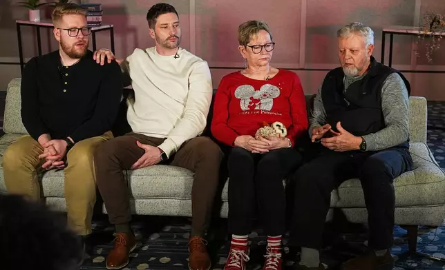 From left, the family of Renee Good, Luke and Brent Ganger, and their parents Donna and Tim Ganger, make a point during an interview in Denver, on Friday, Feb. 27, 2026. (AP Photo/David Zalubowski)