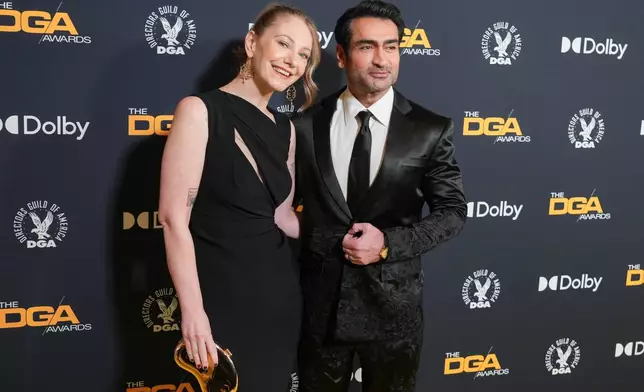 Emily V. Gordon, left, and Kumail Nanjiani arrive at the DGA Awards on Saturday, Feb. 7, 2026, at The Beverly Hilton in Beverly Hills, Calif. (AP Photo/Chris Pizzello)