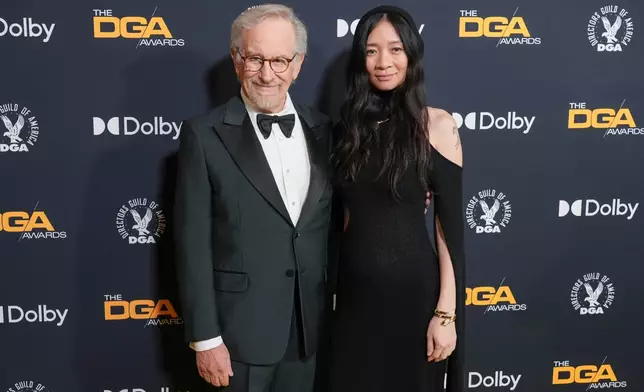 Steven Spielberg, left, and Chloe Zhao arrive at the DGA Awards on Saturday, Feb. 7, 2026, at The Beverly Hilton in Beverly Hills, Calif. (AP Photo/Chris Pizzello)
