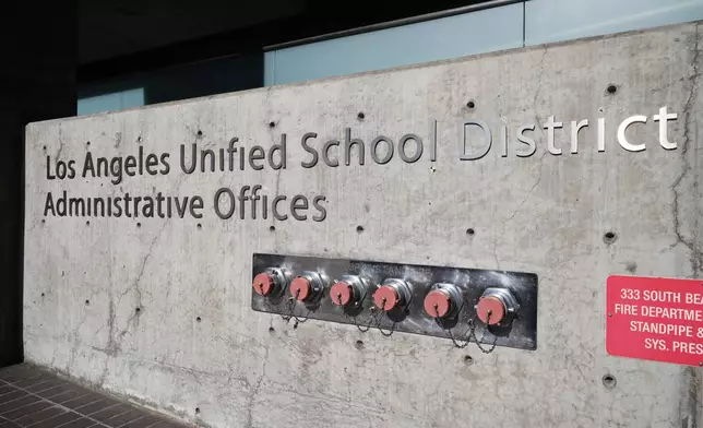 The exterior of LAUSD headquarters is shown Wednesday, Feb. 25, 2026, in Los Angeles. (AP Photo/Damian Dovarganes)