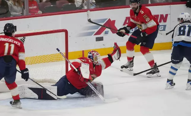 Florida Panthers goaltender Sergei Bobrovsky (72) grabs a shot b Winnipeg Jets left wing Kyle Connor (81) during the second period of an NHL hockey game, Saturday, Jan. 31, 2026, in Sunrise, Fla. (AP Photo/Marta Lavandier)