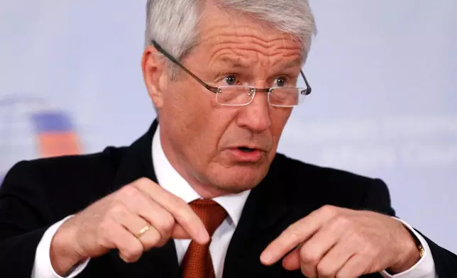 FILE -Council of Europe Secretary-General Thorbjorn Jagland speaks at the Russian International Affairs Council in Moscow on March 23, 2012. (AP Photo/Mikhail Metzel, File)