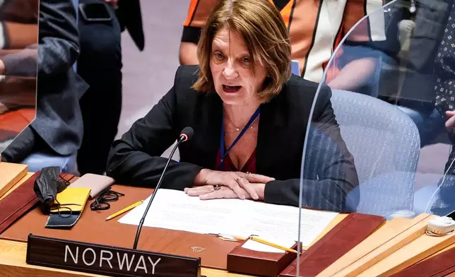 FILE - Norway's Ambassador to the United Nations Mona Juul address a U.N. Security Council meeting on the Russian invasion of Ukraine, Friday Feb. 25, 2022 at U.N. headquarters. (AP Photo/John Minchillo, File)