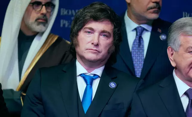 Argentina's President Javier Milei is seen during a Board of Peace meeting at the U.S. Institute of Peace, Thursday, Feb. 19, 2026, in Washington. (AP Photo/Mark Schiefelbein)