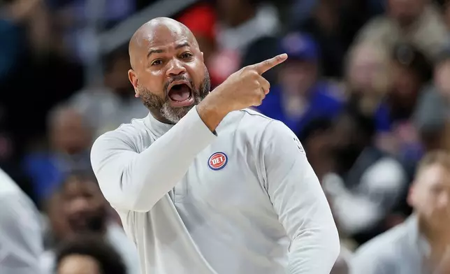 Detroit Pistons head coach J.B. Bickerstaff shouts direction to his team during the second half of an NBA basketball game against the Cleveland Cavaliers, Friday, Feb. 27, 2026, in Detroit. (AP Photo/Duane Burleson)