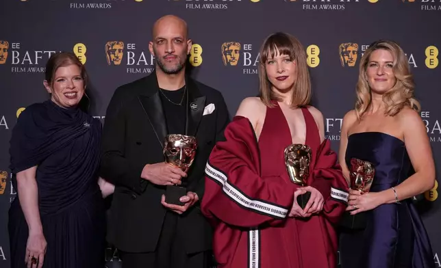 Lauren Frankfort Meltzer, from left, Matt Houghton, Georgie Wileman, and Harriette Wright pose with the award for British short film for 'This Is Endometriosis' at the 79th British Academy Film Awards, BAFTA's, in London, Sunday, Feb. 22, 2026. (AP Photo/Alastair Grant)