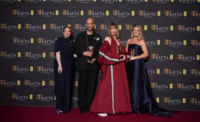 Lauren Frankfort Meltzer, from left, Matt Houghton, Georgie Wileman, and Harriette Wright pose with the award for British short film for 'This Is Endometriosis' at the 79th British Academy Film Awards, BAFTA's, in London, Sunday, Feb. 22, 2026. (AP Photo/Alastair Grant)