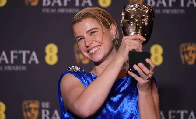 Jessie Buckley poses with the award for leading actress for 'Hamnet' at the 79th British Academy Film Awards, BAFTA's, in London, Sunday, Feb. 22, 2026. (AP Photo/Alastair Grant)
