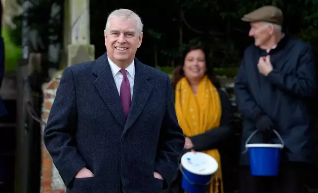 FILE - Prince Andrew leaves after attending the Christmas day service at St Mary Magdalene Church in Sandringham in Norfolk, England, Dec. 25, 2022. (AP Photo/Kirsty Wigglesworth, File)