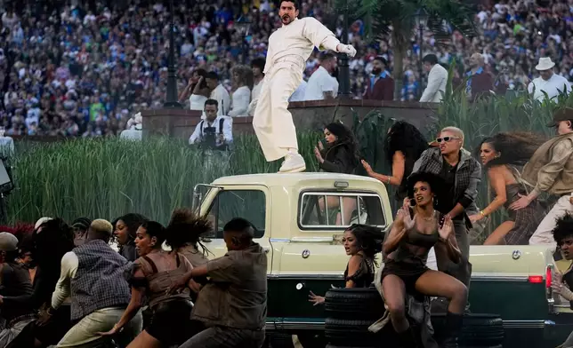 Bad Bunny performs during halftime of the NFL Super Bowl 60 football game between the New England Patriots and the Seattle Seahawks, Sunday, Feb. 8, 2026, in Santa Clara, Calif. (AP Photo/Lynne Sladky)