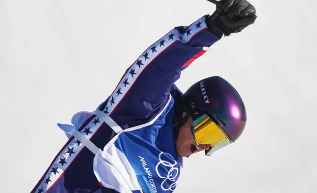 United States' Mac Forehand celebrates during men's freestyle skiing slopestyle qualifications at the 2026 Winter Olympics, in Livigno, Italy, Saturday, Feb. 7, 2026. (AP Photo/Lindsey Wasson)