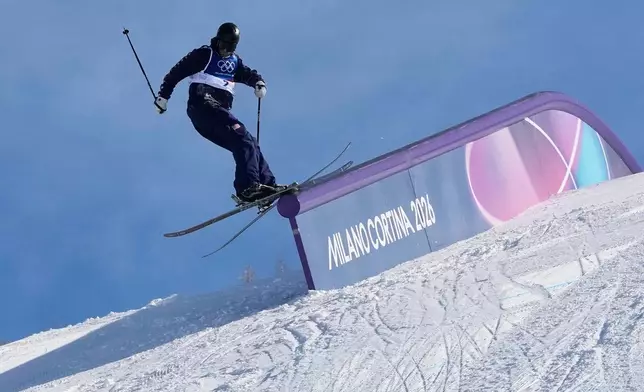 United States' Alex Hall practices during a freestyle skiing slopestyle training session at the 2026 Winter Olympics, in Livigno, Italy, Thursday, Feb. 5, 2026. (AP Photo/Lindsey Wasson)