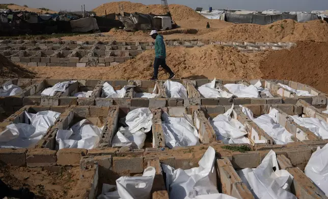 A man walks past graves containing the bodies of unidentified Palestinians returned from Israel as part of the ceasefire deal during their burial in Deir al-Balah, Gaza Strip, Friday, Feb. 13, 2026. (AP Photo/Abdel Kareem Hana)