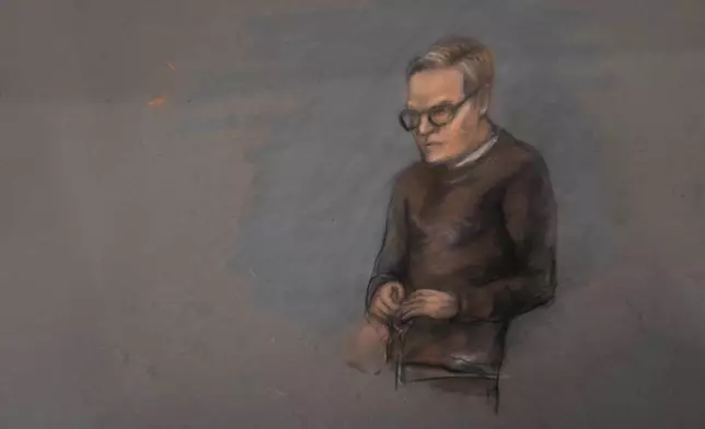 A court sketch of Marius Borg Hoiby during the first day of the trial against him, which is taking place in room 250 of the Oslo District Court, Norway, Tuesday Feb. 3, 2026. (Ole Berg-Rusten/NTB Scanpix/Pool via AP)