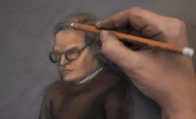 A court sketch of Marius Borg Hoiby is drawn during the first day of the trial against him, which is taking place in room 250 of the Oslo District Court, Norway, Tuesday Feb. 3, 2026. (Ole Berg-Rusten/NTB Scanpix/Pool via AP)