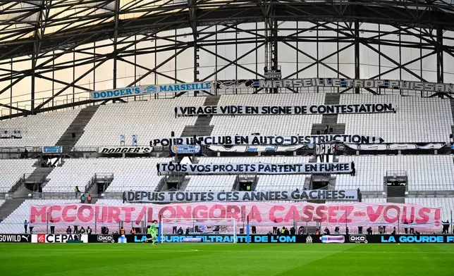 Banners protesting the club owner are placed on the stands during the French League One soccer match between Marseille and Strasbourg in Marseille, France, Saturday, Feb. 14, 2026. (AP Photo/Philippe Magoni)