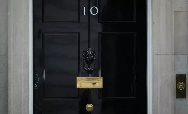 The front door of 10 Downing Street in London, Monday, Feb. 9, 2026. (AP Photo/Alastair Grant)