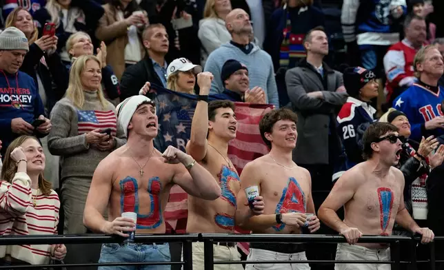 United States fans cheer during a preliminary round match of men's ice hockey between United States and Denmark at the 2026 Winter Olympics, in Milan, Italy, Saturday, Feb. 14, 2026. (AP Photo/Petr David Josek)