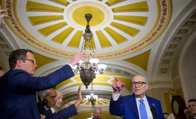 Senate Minority Leader Chuck Schumer, D-N.Y., speaks during the Senate Democrat policy luncheon news conference at the Capitol, Tuesday, Feb., 10, 2026, in Washington. (AP Photo/Rod Lamkey, Jr.)