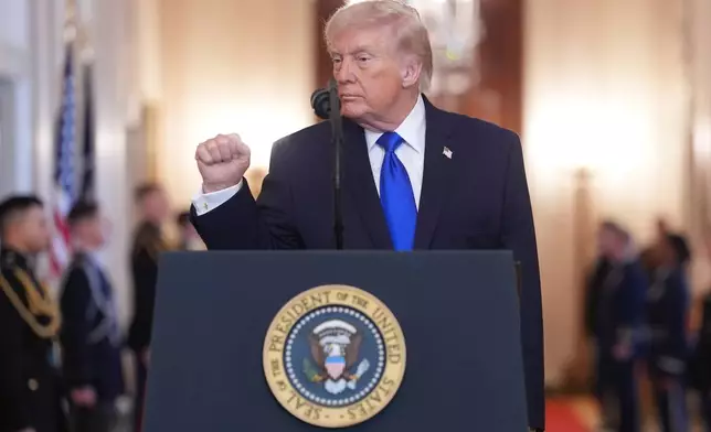 President Donald Trump during an event to proclaim "Angel Family Day" in the East Room of the White House, Monday, Feb. 23, 2026, in Washington. (AP Photo/Evan Vucci)