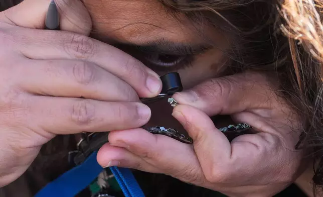 Laura Moreno-Baker, an ecologist with the Bureau of Land Management's Ukiah Field Office, looks at lichen through a hand lens loupe during a California Lichen Society field trip at the University of California, Davis' McLaughlin Reserve in Lower Lake, Calif., Saturday, Jan. 24, 2026. (AP Photo/Jeff Chiu)