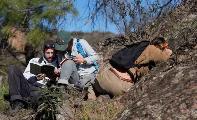 University of California, Berkeley students Daniel Clarke, left, Natalia Rovira and Sarah Campbell take part in a California Lichen Society field trip at the University of California, Davis' McLaughlin Reserve in Lower Lake, Calif., Saturday, Jan. 24, 2026. (AP Photo/Jeff Chiu)