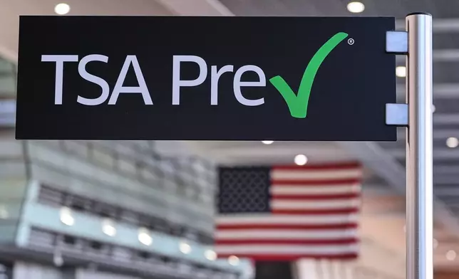 FILE - A TSA Pre sign is posted at a security line in Terminal A at Logan Airport, Dec. 9, 2025, in Boston. (AP Photo/Charles Krupa, File)