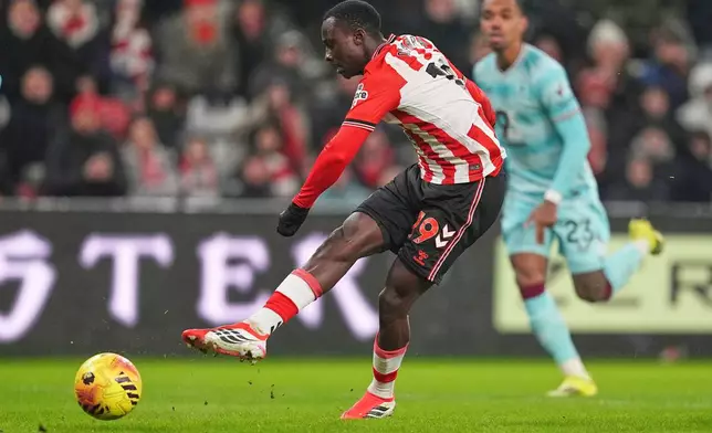 Sunderland's Habib Diarra scores during a Premier League soccer match against Burnley at the Stadium of Light in Sunderland, Monday, Feb. 2, 2026. (Martin Rickett/PA via AP)