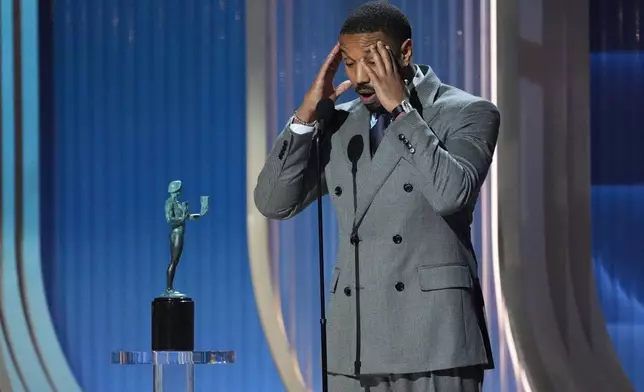 Michael B. Jordan accepts the award for outstanding performance by a male actor in a leading role for "Sinners" during the 32nd Annual Actor Awards on Sunday, March 1, 2026, at the Shrine Auditorium and Expo Hall in Los Angeles. (AP Photo/Chris Pizzello)
