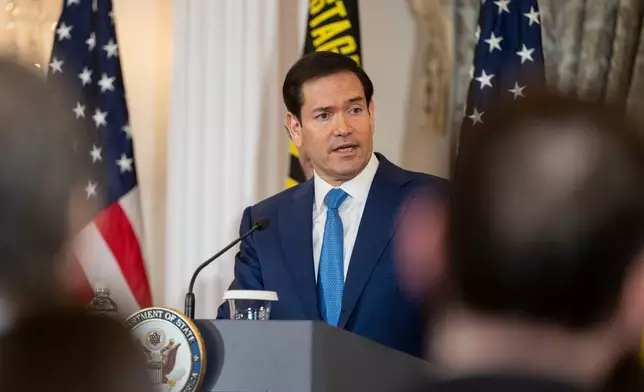 Secretary of State Marco Rubio speaks during a U.S. Hostage and Wrongful Detainee Flag Raising ceremony at the State Department, Monday, March 9, 2026 in Washington. (AP Photo/Kevin Wolf)