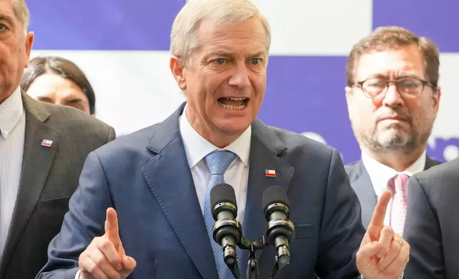 Chilean President-elect Jose Antonio Kast talks to the press at his office in Santiago, Chile, Tuesday, March 3, 2026. (AP Photo/Esteban Felix)