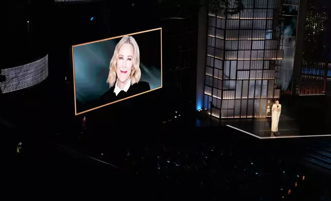 Rachel McAdams speaks about Catherine O'Hara during the In Memoriam segment during the Oscars on Sunday, March 15, 2026, at the Dolby Theatre in Los Angeles. (AP Photo/Chris Pizzello)