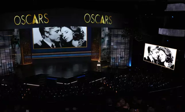 Barbra Steisand speaks about Robert Redford during the In Memoriam segment during the Oscars on Sunday, March 15, 2026, at the Dolby Theatre in Los Angeles. (AP Photo/Chris Pizzello)