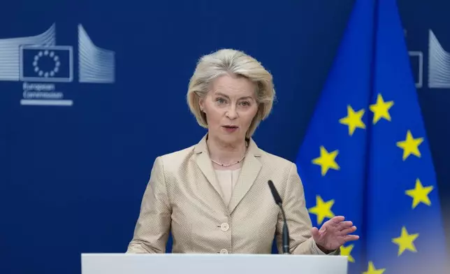 European Commission President Ursula von der Leyen delivers a statement during a media conference at EU headquarters in Brussels, Wednesday, March 18, 2026. (AP Photo/Virginia Mayo)