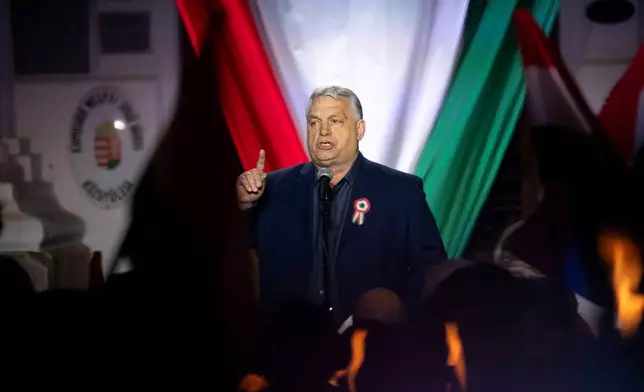 Prime minister of Hungary, Viktor Orbán speaks during a countryside campaign tour in Kaposvár, Hungary, Monday, March 16, 2026 ahead of April 12 parliamentary election. (AP Photo/Denes Erdos)