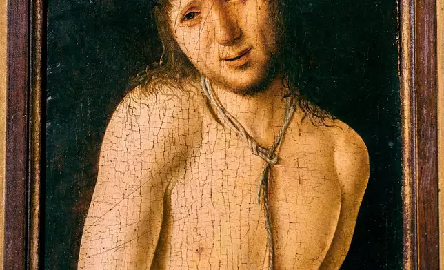 Antonello da Messina's Ecce Homo, a tempera-on-panel painting dating from around 1470 and measuring 20.3 by 14.9 centimeters, recently acquired by the Italian General Directorate of Museums for $14.9 million, or about 12.6 million euros is on display in Rome, Thursday, March 26, 2026 . (AP Photo/Domenico Stinellis)