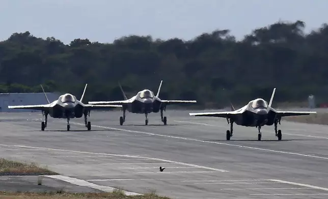 FILE - F-35B aircraft pass on a runway after landing at the Akrotiri Royal air forces base near city of Limassol, Cyprus, May 21, 2019. (AP Photo/Petros Karadjias,File)