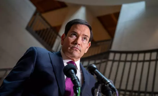 Secretary of State Marco Rubio speaks to reporters as he arrives for an intelligence briefing with top lawmakers on Iran, at the Capitol in Washington, Monday, Mar. 2, 2026. (AP Photo/J. Scott Applewhite)
