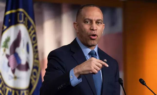 House Minority Leader Hakeem Jeffries, D-N.Y., speaks to reporters during a news conference on Capitol Hill in Washington, Tuesday, March 3, 2026. (AP Photo/Manuel Balce Ceneta)