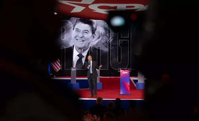 Texas Attorney General Ken Paxton speaks at the Ronald Reagan dinner during the Conservative Political Action Conference (CPAC) in Dallas, Friday, March 27, 2026. (AP Photo/Gabriela Passos)