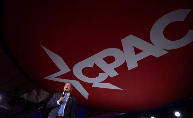 Texas Attorney General Ken Paxton speaks at the Ronald Reagan dinner during the Conservative Political Action Conference (CPAC) in Dallas, Friday, March 27, 2026. (AP Photo/Gabriela Passos)