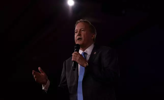 Texas Attorney General Ken Paxton speaks at the Ronald Reagan dinner during the Conservative Political Action Conference (CPAC) in Dallas, Friday, March 27, 2026. (AP Photo/Gabriela Passos)