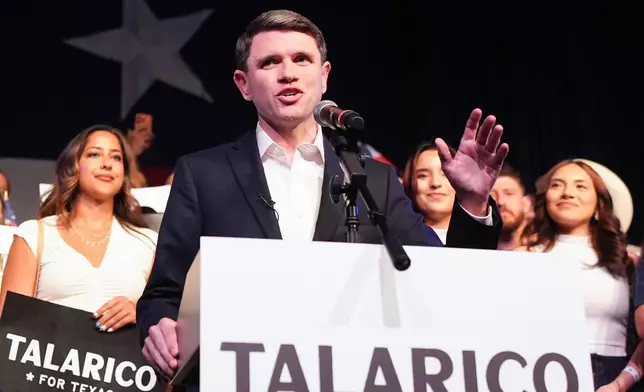 Texas state Rep. James Talarico, D-Austin, a Democratic candidate for the U.S. Senate, speaks at a primary election watch party Tuesday, March 3, 2026, in Austin, Texas. (AP Photo/Eric Gay)