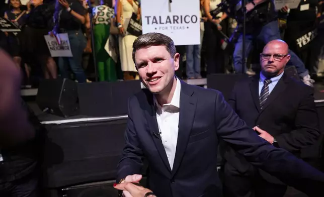 Texas state Rep. James Talarico, D-Austin, a Democratic candidate for the U.S. Senate, greets supporters at a primary election watch party Tuesday, March 3, 2026, in Austin, Texas. (AP Photo/Eric Gay)