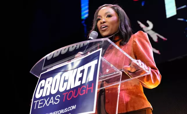 Rep. Jasmine Crockett, D-Texas, a Democratic candidate for U.S. Senate, speaks during a primary election watch party Tuesday, March 3, 2026, in Dallas. (AP Photo/Tony Gutierrez)