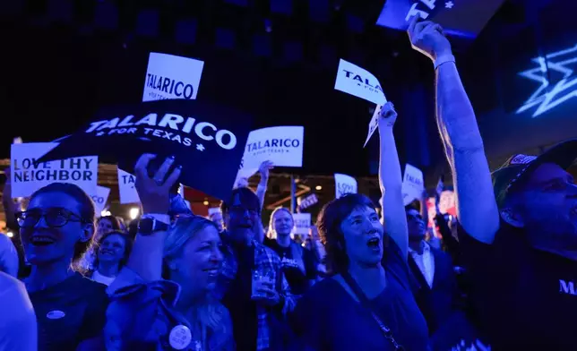 Supporters of Texas state Rep. James Talarico, D-Austin, a Democratic candidate for the U.S. Senate, react as results come in during a primary election watch party Tuesday, March 3, 2026, in Austin, Texas. (AP Photo/Eric Gay)