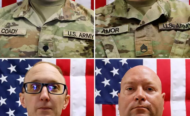 This combination of images provided by the U.S. Army taken on May 16, 2025 shows, from top left, Sgt. Declan Coady, 20, of Des Moines, Iowa, Sgt. 1st Class Nicole Amor, 39, of White Bear Lake, Minn., Capt. Cody Khork, 35, of Lakeland, Fla., and Sgt. 1st Class Noah Tietjens, 42, of Bellevue, Neb. (Sgt. Brent Newton/U.S. Army via AP)