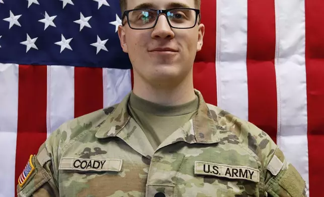 This image provided by the U.S. Army shows Sgt. Declan Coady, 20, of Des Moines, Iowa, in this May 16, 2025, photo. (Sgt. Brent Newton/U.S. Amy via AP)